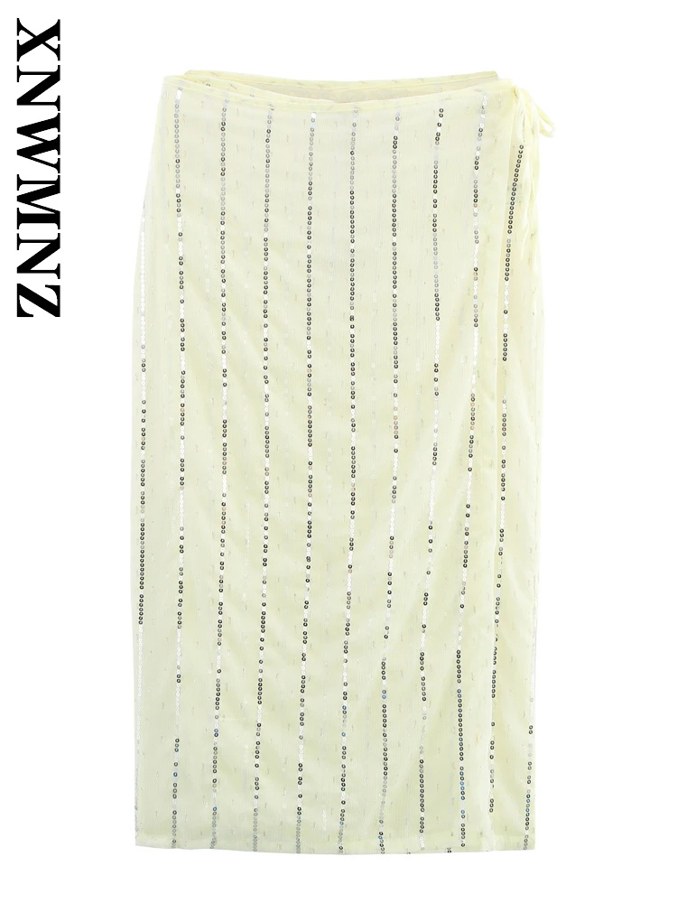 

XNWMNZ 2025 Summer New Product Women Clothing Chic Party Skirt Simple Woman's Tulle Skirt Sexy Tie Sequins midi