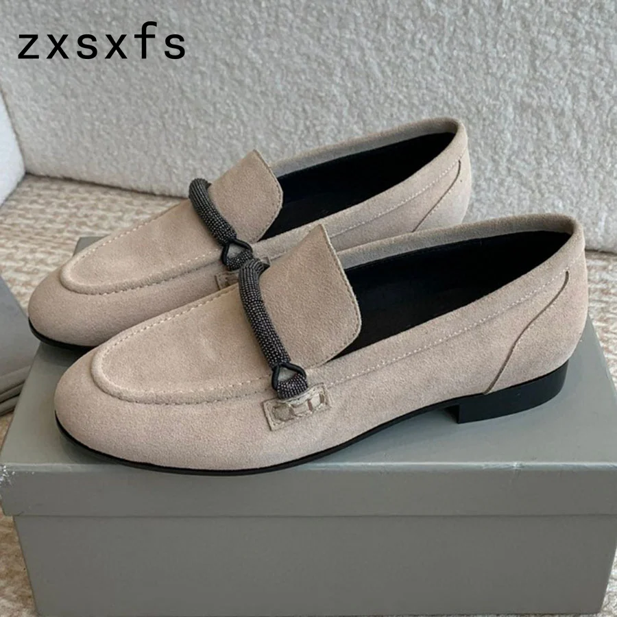 

Hot Cow Suede Flat Shoes For Woman Loafers Slip-on Casual Shoes Ladies Chain Decor Summer Round Toe Formal Flat Shoes Woman