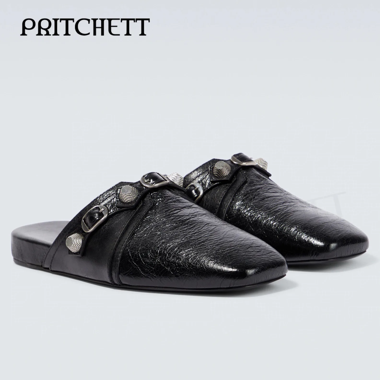 Black Leather Metal Rivet Buckle Muller Slippers Square Toe Thick Bottom Baotou Casual Retro Comfortable Slippers Men's Shoes