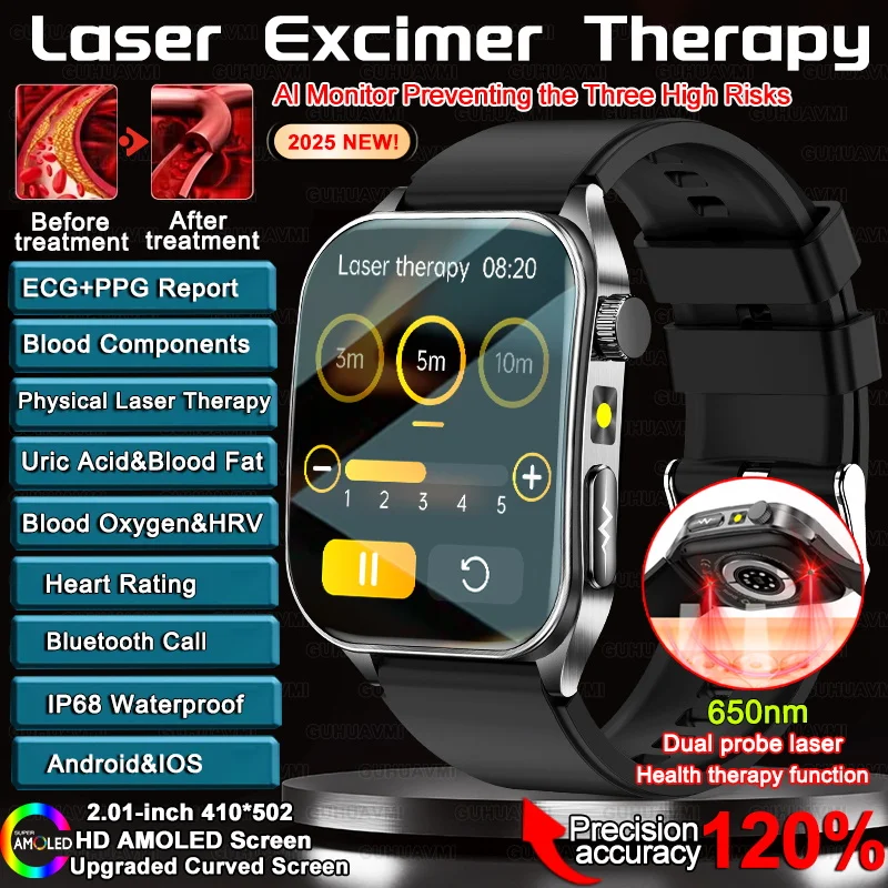 

2025New Laser Excimer Therapy Reduce Three Highs Smartwatch AMOLED Precise Blood Lipids Uric Acid ECG+PPG Health Call Smartwatch