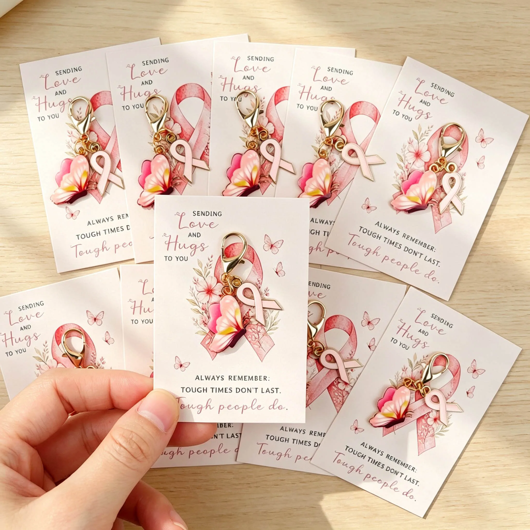 5 Pieces/10 Pieces Pink Ribbon Butterfly Keychains, Encouraging Inspirational Greeting Cards, Women's Gratitude Gifts, Suitable as Inspirational Gifts for Girlfriends and Best Friends.