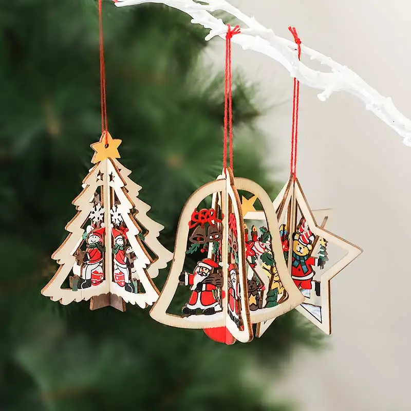

3D Christmas Wooden Hanging Pendant Star Xmas Tree Bell Christmas Ornament Merry Xmas Party Decoration For Home New Year Navidad