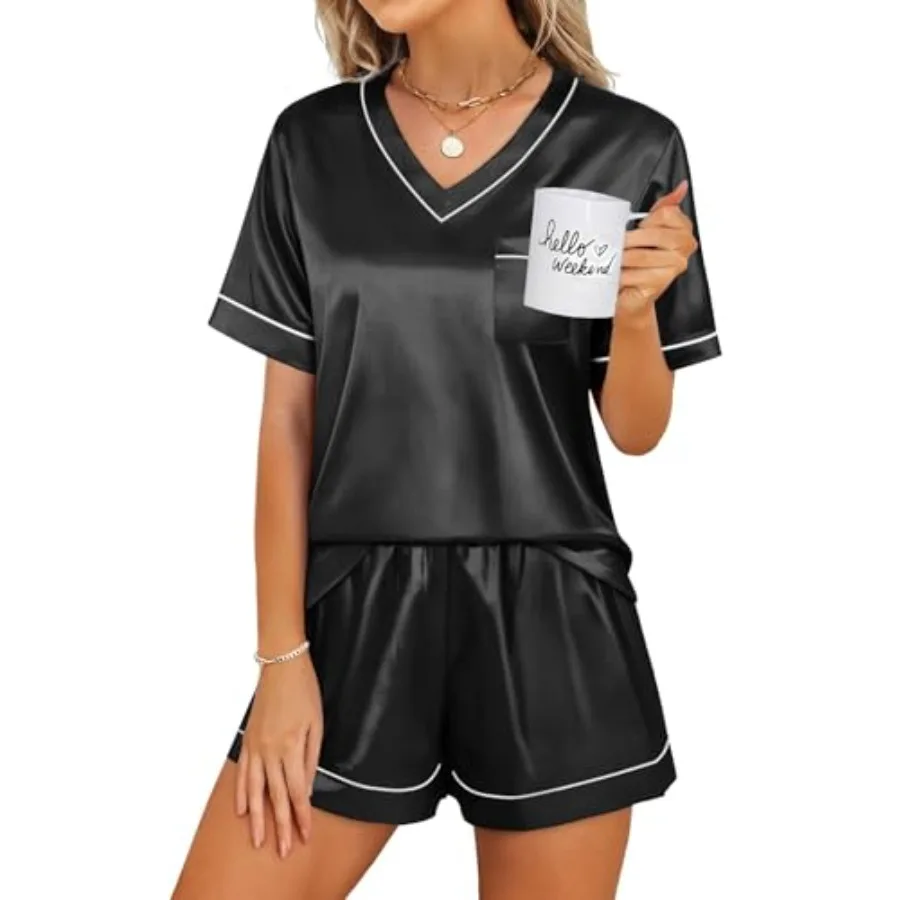 

WIHOLL Silk Pajamas for Women Short Sleeve Sleepwear Soft Lounge Sets 2 Pcs Satin Pjs