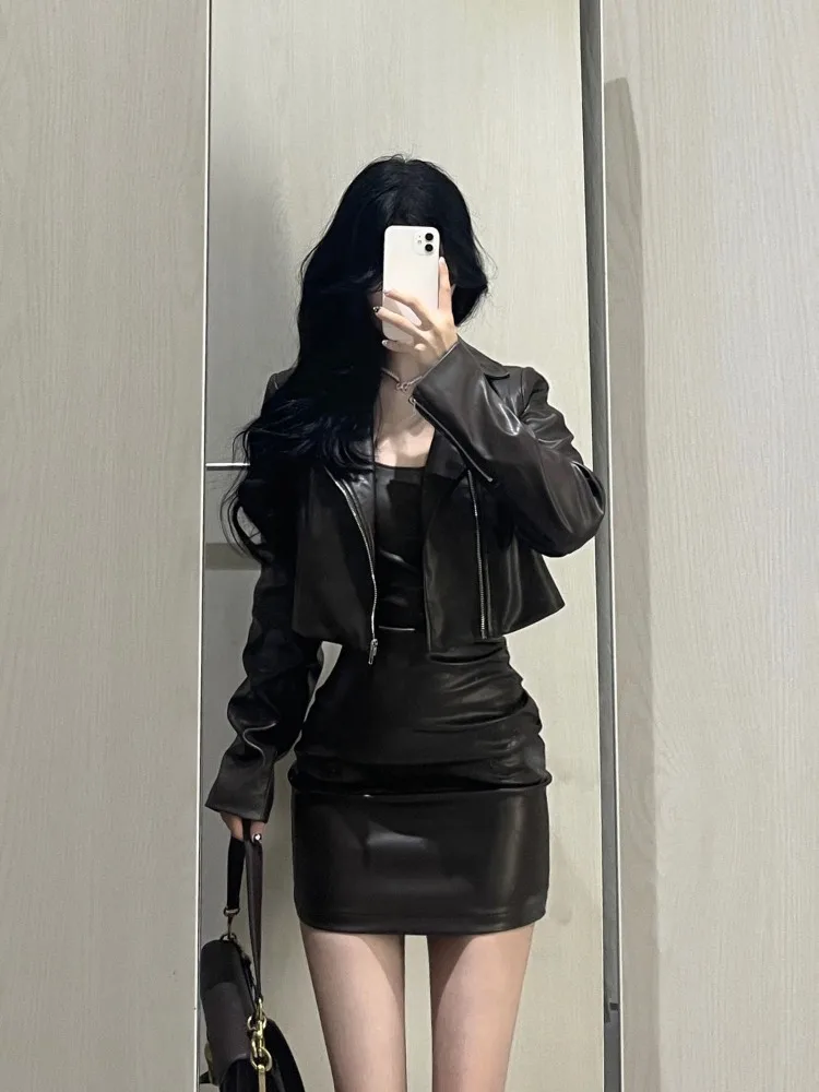 Sweet Cool Long Sleeve Leather Coat Women+ Y2k Sexy Slim Waist Bodycon Camisole Dresses 2024 Autumn New Two Piece Sets