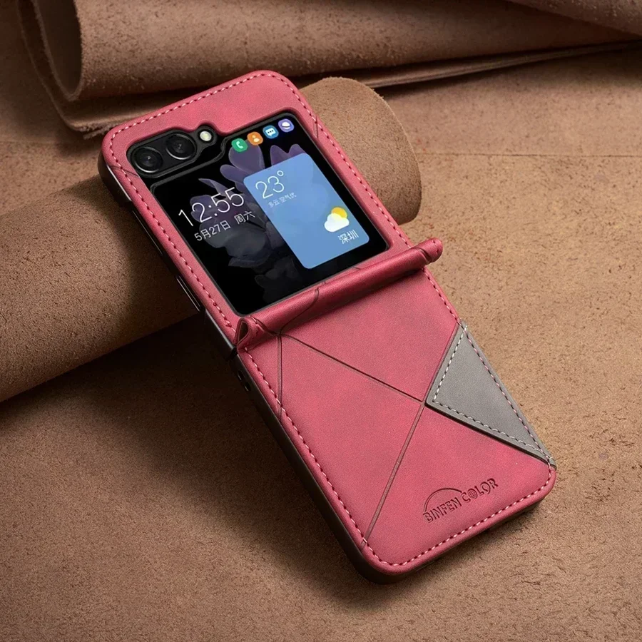 サムスンギャラクシーZフリップ5用の高級プリズムレザーウォレット,ビジネス落下防止ケース