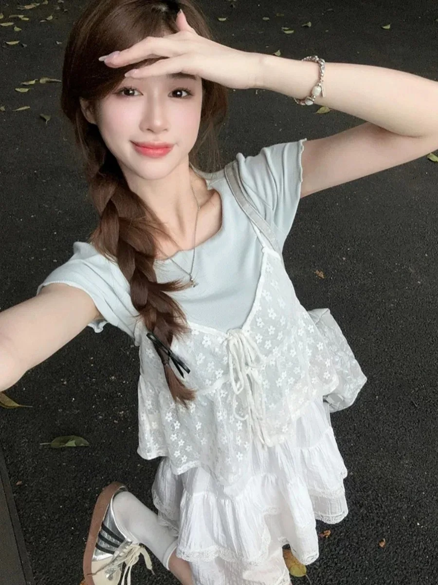 Korean Cute Petite Tie-Front Jacquard White Mesh Top Women Summer Sleeveless Camisole Top School Girls Lace Tank Top Cover Ups