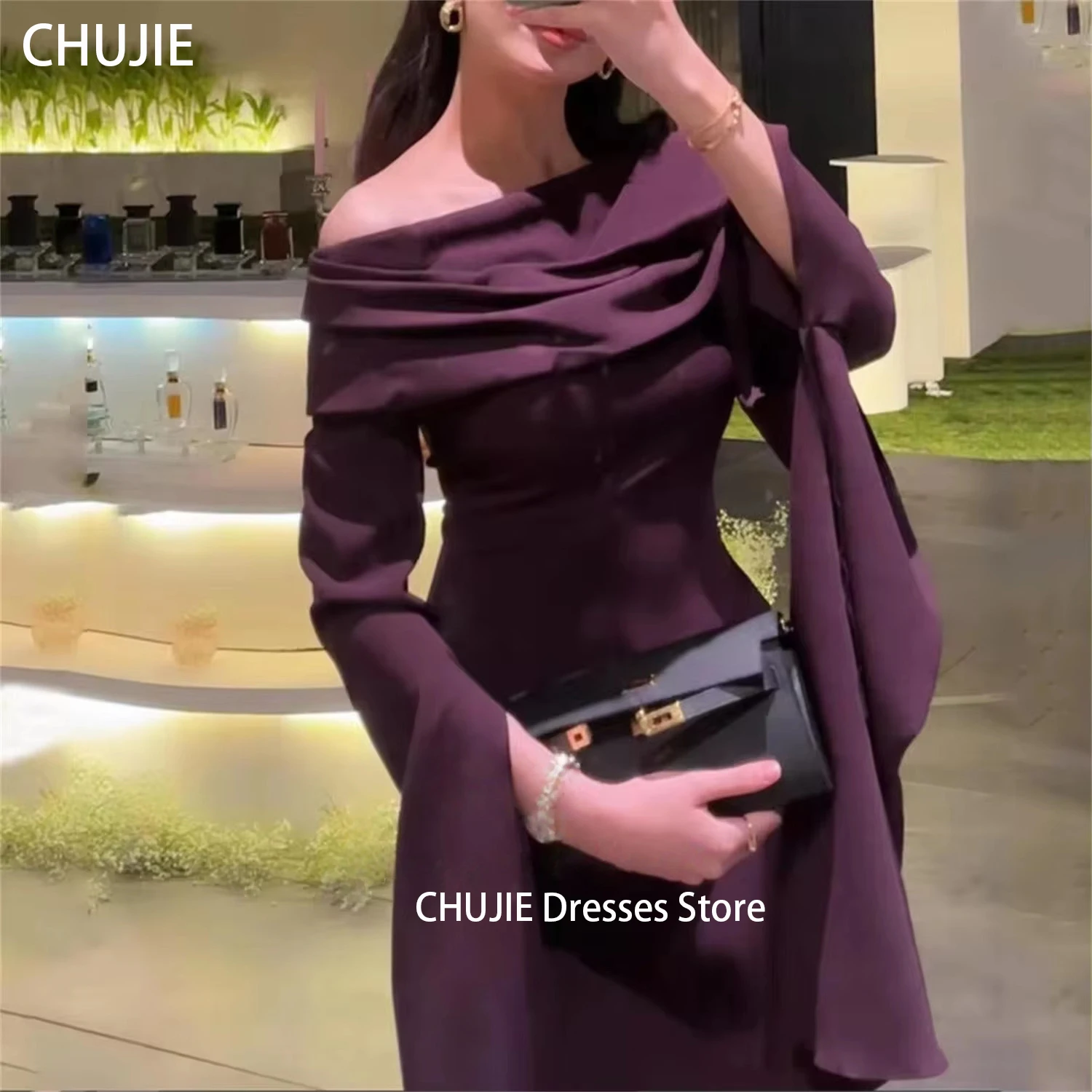 

Plum Long Sleeves Evening Dresses For Woman Elegant Straight Wedding Dress Party Gowns Robe Dubai Arabia فستان المساء Customized