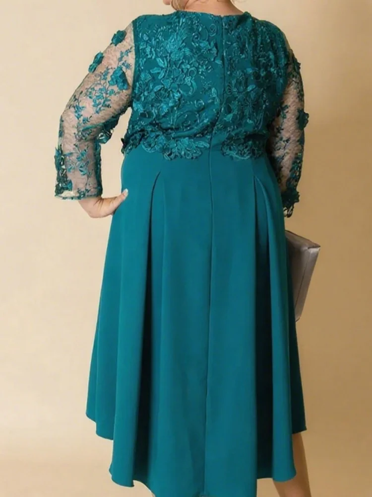 فستان أم العروس الكلاسيكي بمقاس كبير ورقبة على شكل حرف V على شكل حرف a فساتين زفاف الضيوف دانتيل مطوي بطول الشاي