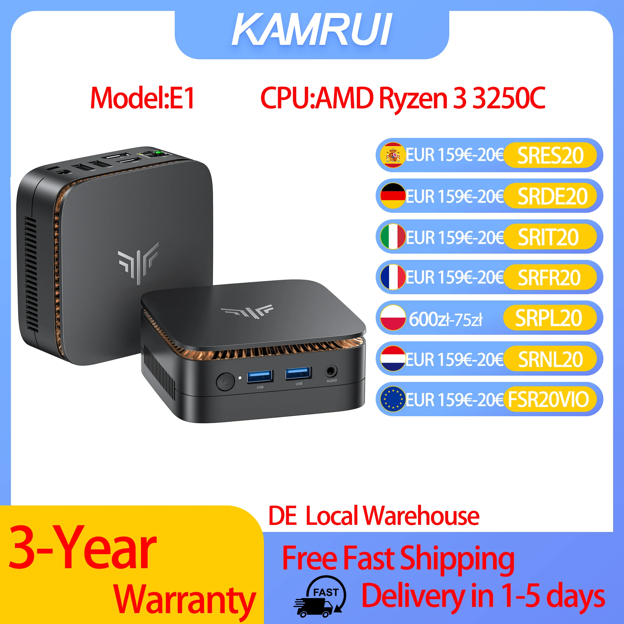 KAMRUI NEW E1 Mini PC AMD Ryzen R3-3250C CPU 8G RAM 256GB ROM kompatybilny z USB3.2 Win11Pro Desktop Przenośny WiFi5 Podwójne wyjście 4K