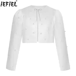 Kids Girls Satin Bolero Shrug Jackets Elegant Cardigan Long Sleeve Faux Pearls Short Coat Pageant Wedding Party Dress Outwear