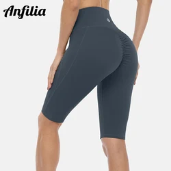 Anfilia Women Yoga Shorts Solid High Waist with Hidden Pocket High Elastic Skinny Scrunch Tummy Control Running Fitness Shorts