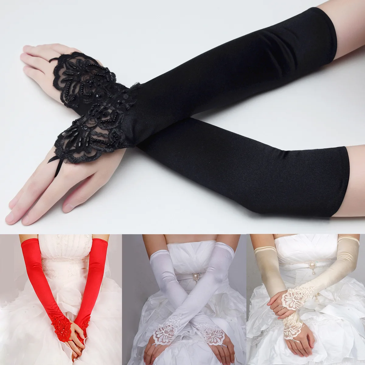 Bridal Wedding Dress Gloves Lengthened Fingerless Small Embroidered Flat Beige Black Red Gloves  Wedding Gloves for Bride