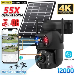 55X Optical ZOOM 4K 4G SIM Solar Camera Outdoor 360° Wireless WIFI Auto Tracking Surveillance PIR Night Vision Security IP Cam