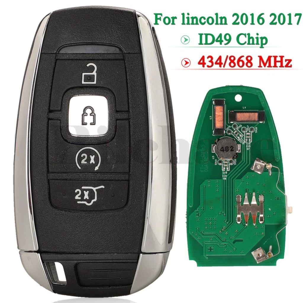 

jingyuqin 4 Buttonse Car Smart Remot Key 433MHz/868MHz ID49 Chip For Lincoln MKC MKZ 2016-2019 Fob Keyless Go