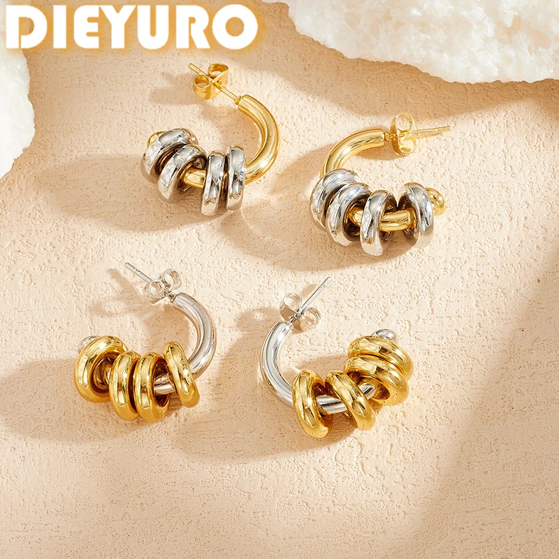 DIEYURO 316L Stainless Steel Two Tone Golden Silver C Hoop Earrings for Women Classic Fashion Waterproof Earrings Jewelry Gift ﻿