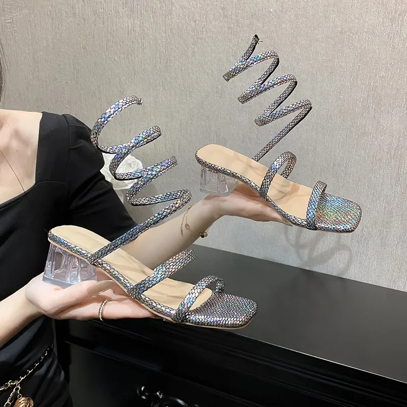 Transparent Thick Heel Fashion Sandals Women 2024 New Snake Shape Surround Women\'s Sandals Thin Strap Slingback Open Toe Sandals