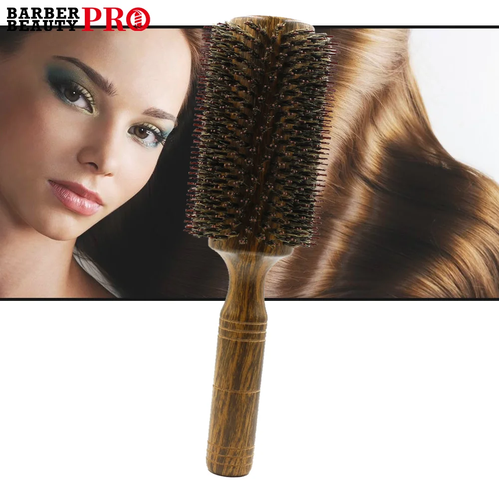 Professional Boar Bristle Round Hair Brush For Women Men Hair Styling Comb Hairdressing Wood Round Brush Barber Accessories