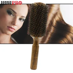 Escova de cabelo redonda de cerdas de javali profissional para mulheres homens estilo de cabelo pente de cabeleireiro escova redonda de madeira acessórios de barbeiro