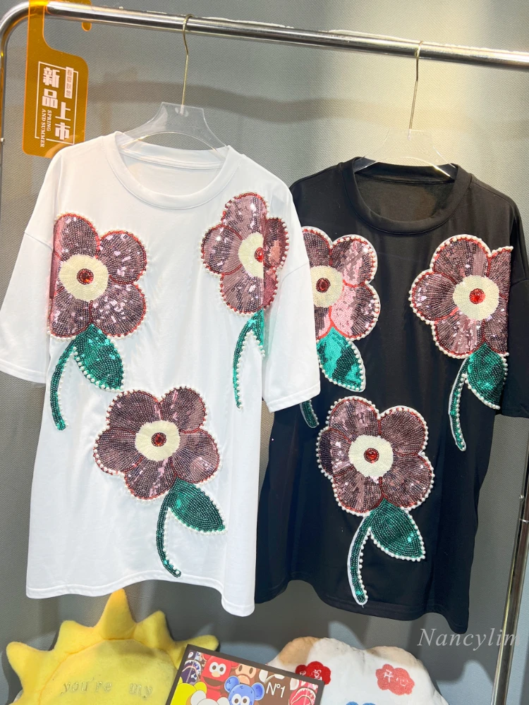 Heavy Industry Tshirt for Women Fashion Floral Top Loose Long Tee Women 2024 Summer Sequined Flower Short Sleeve T-Shirts