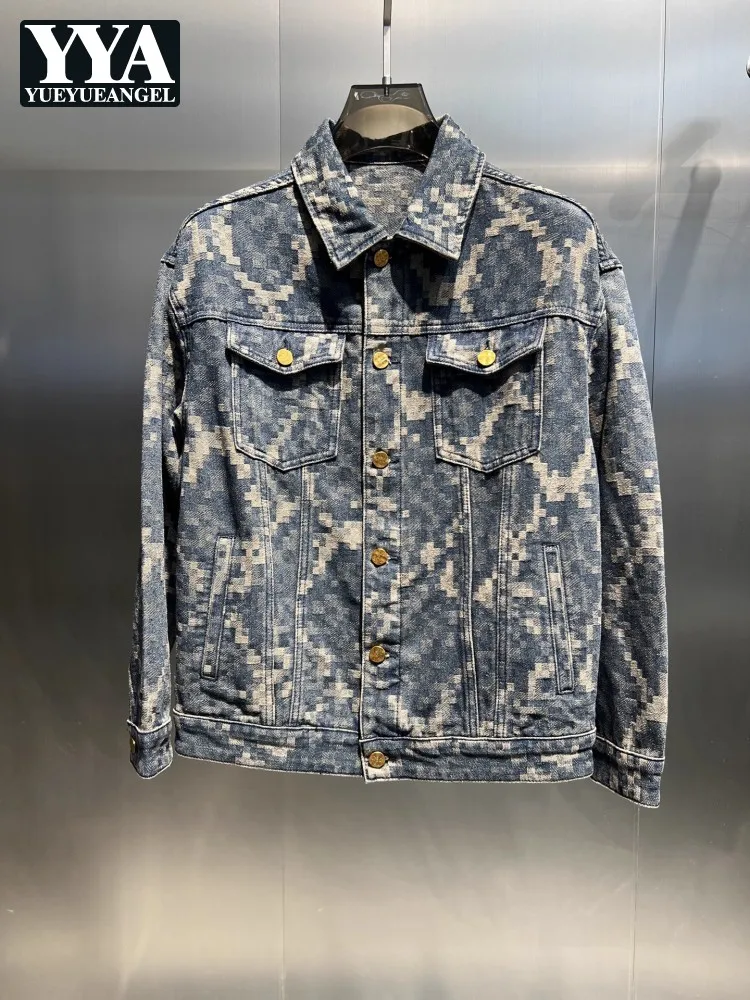 

Fashion Design Mens Plaid Denim Jacket Single Breasted Lapel Spring Autumn Streetwear Casual Outerwear Vintage Cargo Short Coat