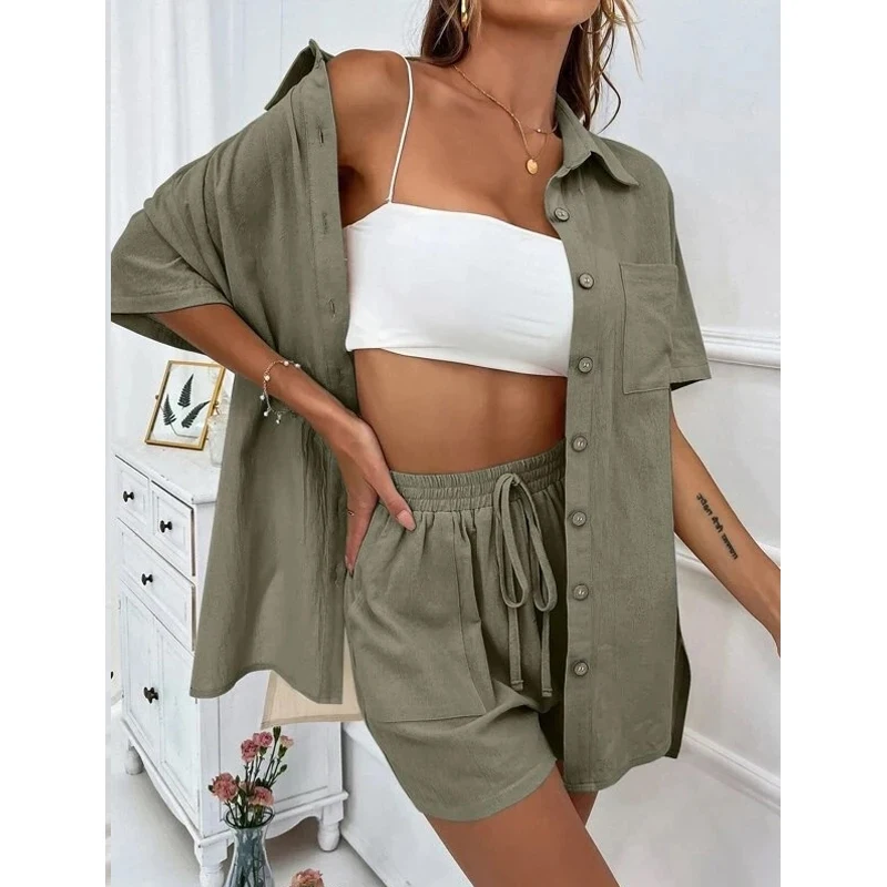 

Summer Casual Loose Blouse Drawstring Shorts Outfits Short Sleeve Shirt and Shorts Two Piece Set Women Cotton Clothing 26296