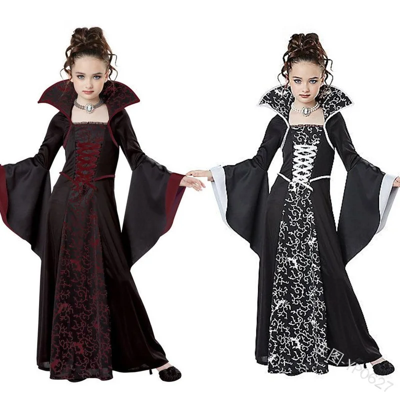 

Halloween Cosplay Witch Vampire Costume for Kids Girls Lace Up Large Stand Collar Trumpet Sleeve Print