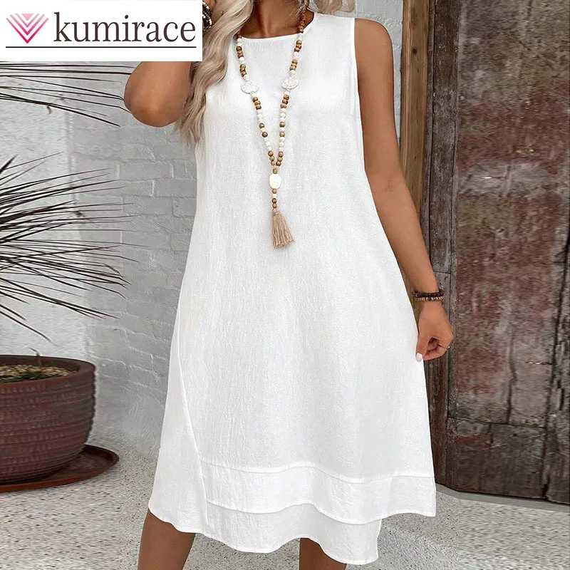 

Women's 2026 New Dress Round Neck Solid Color Sleeveless Summer Plus Size Casual Elegant Women's Skirt Women Clothing