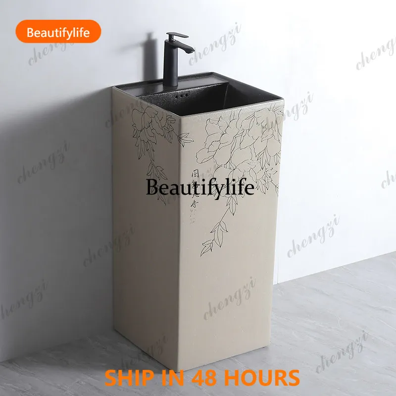 03 Outdoor balcony hand wash basin integrated floor type retro ceramic column basin courtyard Chinese outdoor