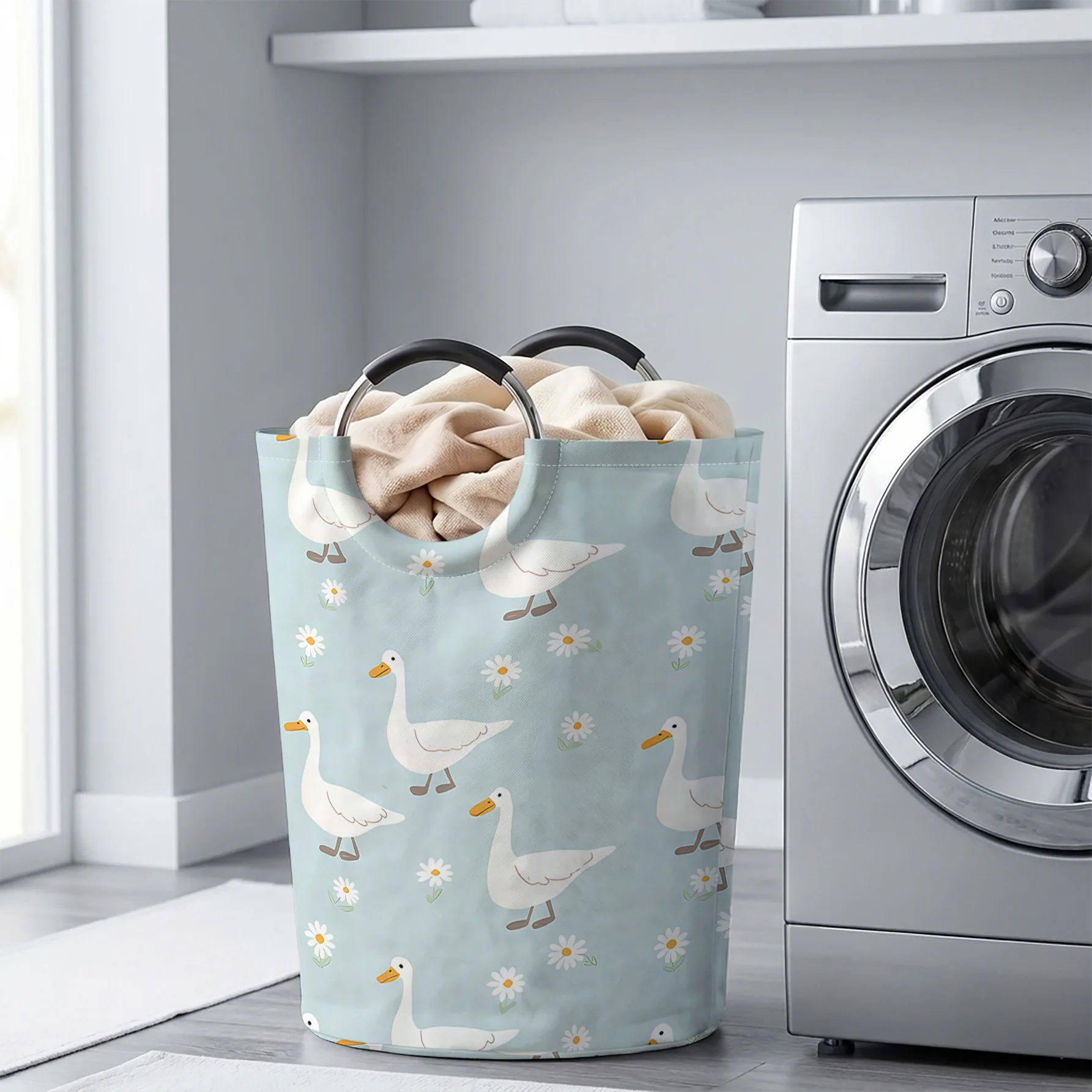 White Goose And Daisy All‑Over Print Handheld Storage Basket, For Laundry, Bedroom & Home Sundries Storage