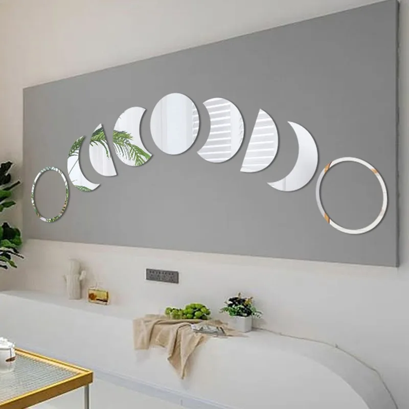 9pcs/set Acrylic Moon Shaped Mirror Wall Stickers Moon Cycle Change Lunar Eclipse Decorative Wall Mirror Art Home Decoration