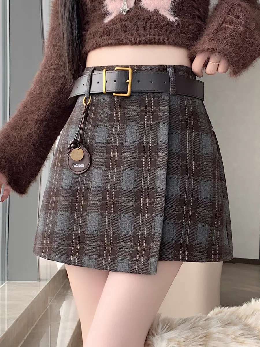Vintage karierter A-Linien-Rock mit asymmetrischem Saum, Damen-Herbst-Winter-Tartan-Wickelröcke für süßen und edgyen koreanischen Stil