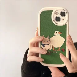 Cute Duck Rabbit Phone Case For Samsung Galaxy S10 S20 S21 S22 S23 S24 FE Plus Ultra Note 20 Korean Green Leather Case 아이폰 케이스