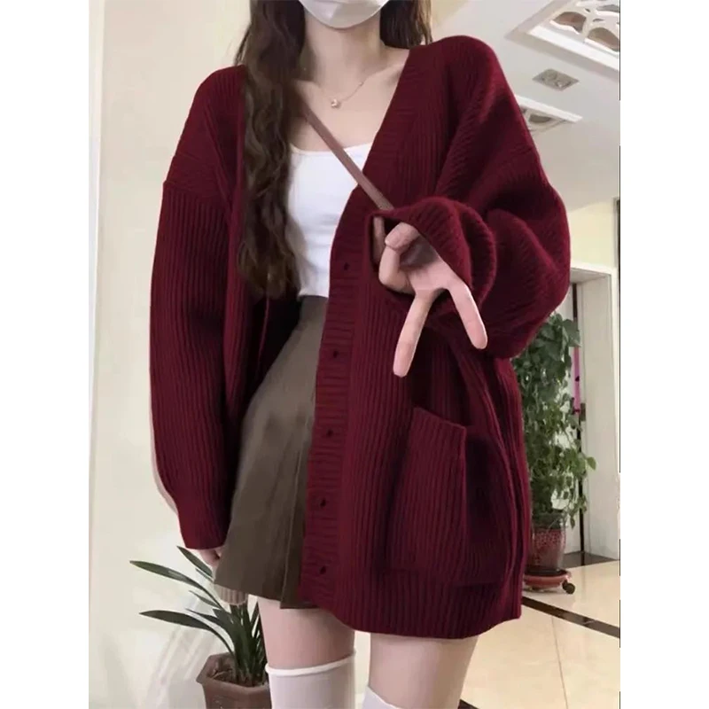 Simplicity Solid Color Knitting Cardigan Coat Women Autumn Winter V-neck Long Sleeve Sweater Sweet All-match Trend Knitwear Tops