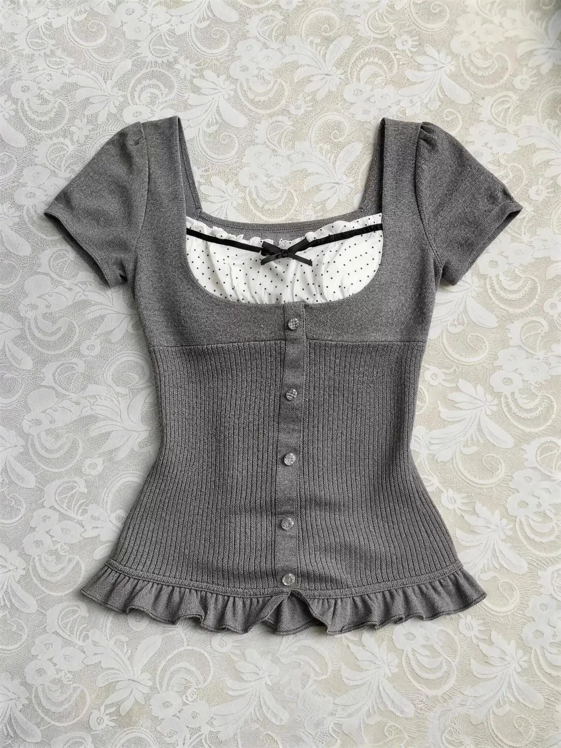 Sweet Point Patchwork Short-Sleeved T-Shirt Women's Tight-Fitting Slimming V-Neck Top Trendy Fashion Y2K Daily Streetwear Punk