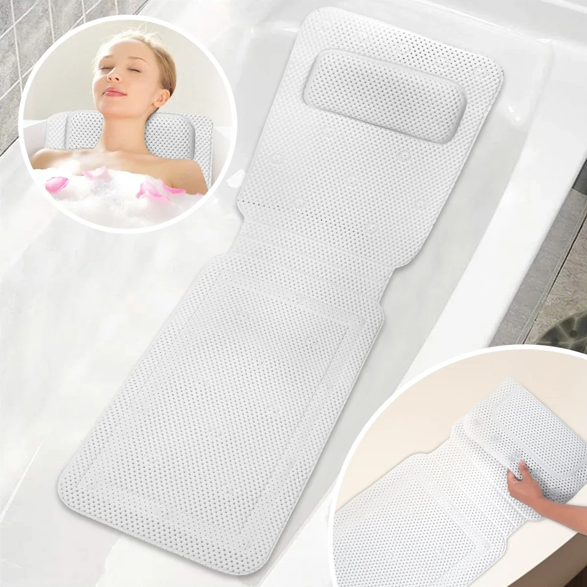 

Non-slip Bathtub Cushion Mat with Suction Cup Full Body Rest Bath Pillow SPA Neck Cushion Hangable Bathroom Safety Accessories