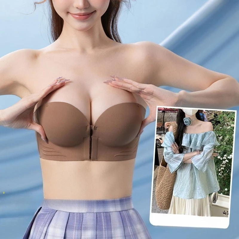 Lingerie à boutons sur le devant pour femme, sans bretelles, antidérapante, sans bretelles, froncée, sans trace et antireflet