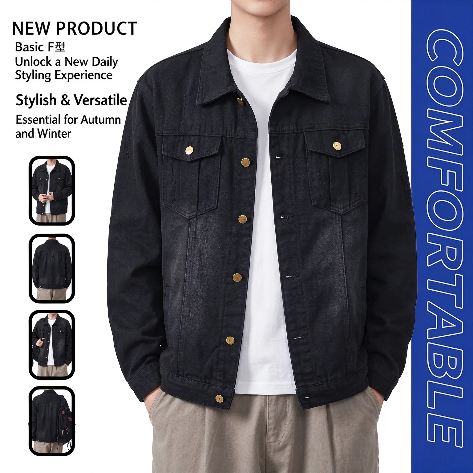 Mens Distressed Whisker Denim Jacket Solid Color Ripped Jean Coat Spring Fall Casual Trend Outerwear
