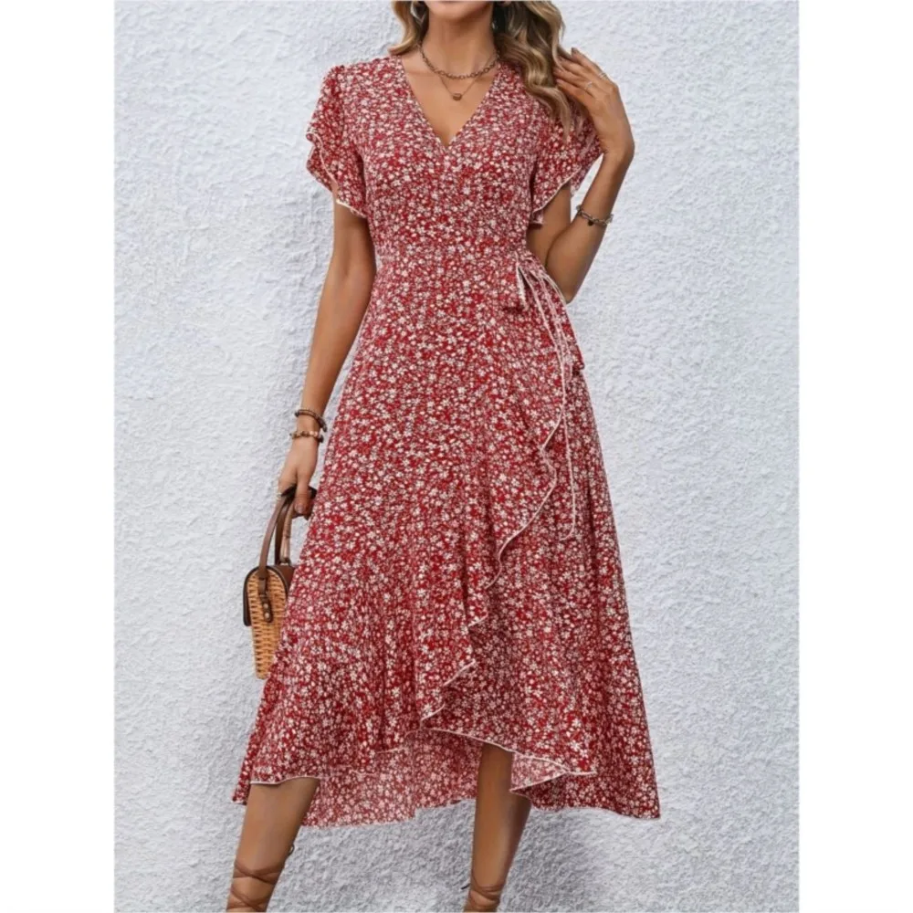 Women's Flower Flowy Split Midi Dress Summer Fashion V Neck Short Sleeve Irregular Dresses Boho Beach Holiday Sundress Robe