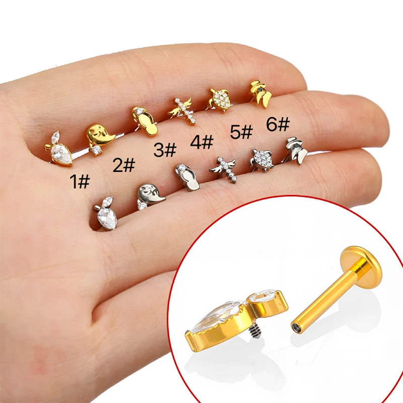 1PC G23 Titanium Piercing Labret Implant Grade Lip Stud CZ Turtle Water Drop Internal Thread Ear Stud Helix Tragus Body Jewelry