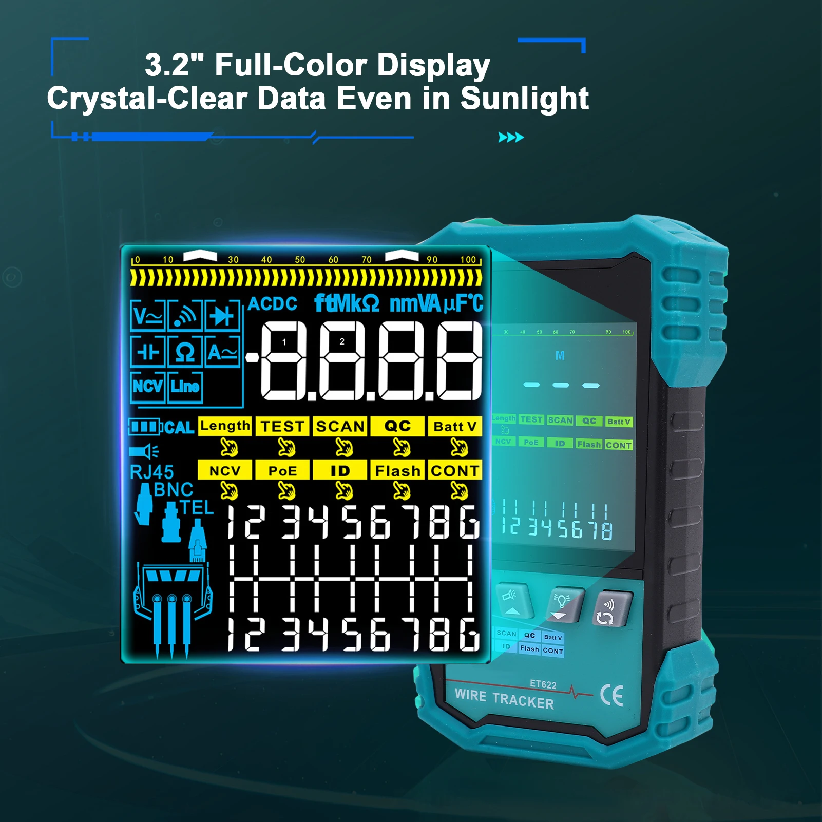 جهاز اختبار كابل الشبكة مع جهاز تتبع سلك كشف الجهد الكهربي RJ45، اختبار استمرارية الطول، مؤشر منفذ وامض، طقم اختبار LAN