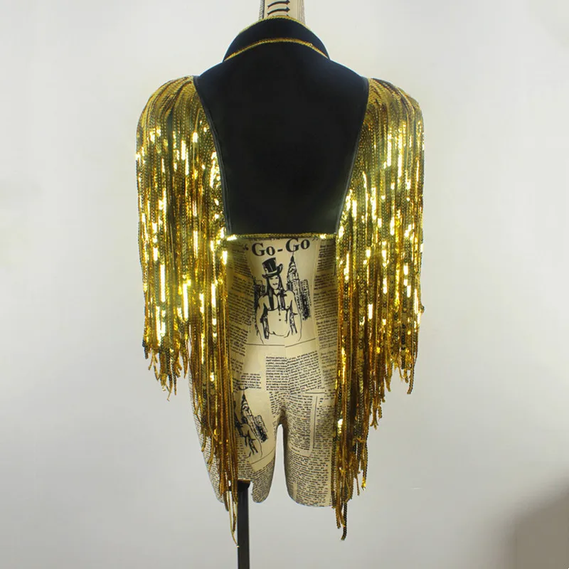 Jazz Dance Gold Sequins Tassel Vest Fringe Waistcoat Women Dancer Team Costume Nightclub Bar DJ Singer Performance Stage Wear