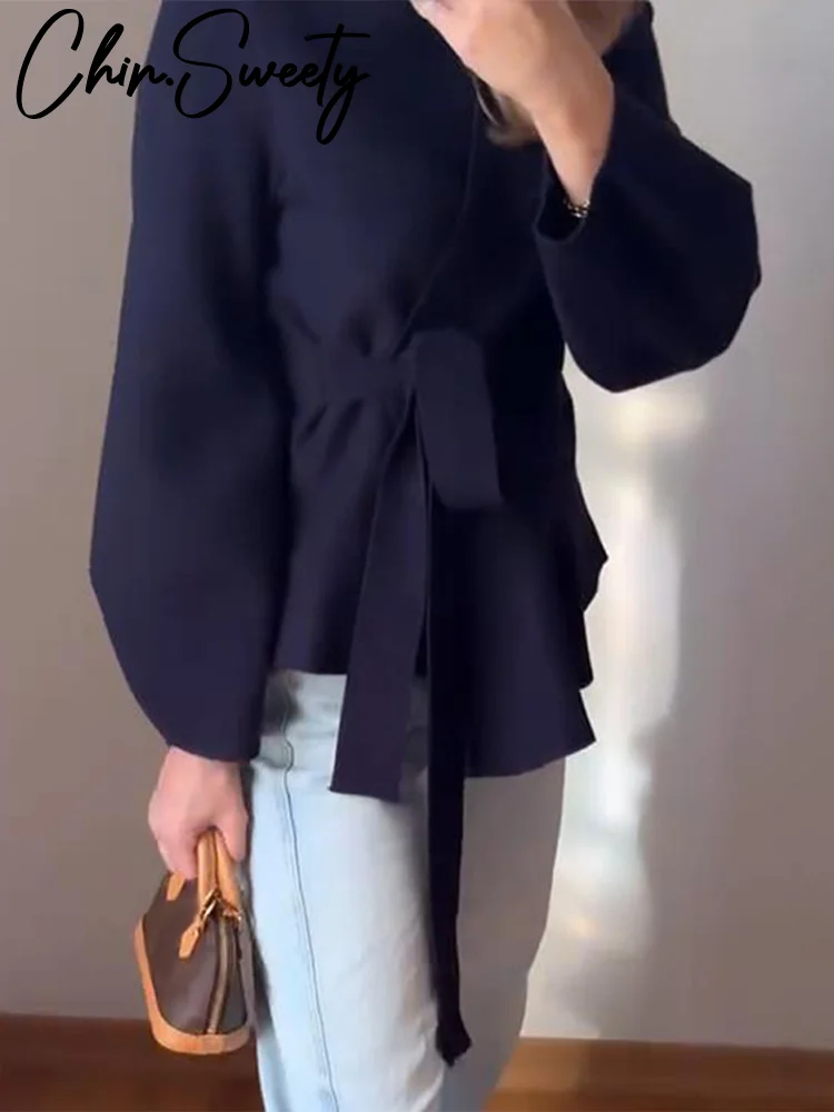 Casual Lace Up Belt Women Cardigan Full Sleeve V Neck Lady Coat 2025 Winter Fashion Spring Elegant Loose Solid Female Outwear