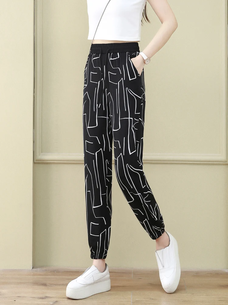 

Ice Silk Quick Dry Pants Women's Summer Thin High Waist Loose Nine Points Cuffed Harem Pants Casual Polyester Fiber High Waist