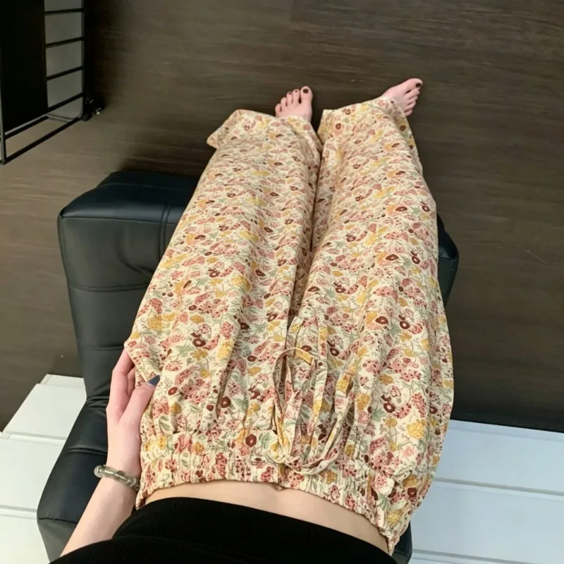 Women Spring Autumn Comfy Sleep Pants Vintage Ditsy Floral Print Drawstring Elastic Waist Soft Wide‑Leg Home Loungewear Trousers