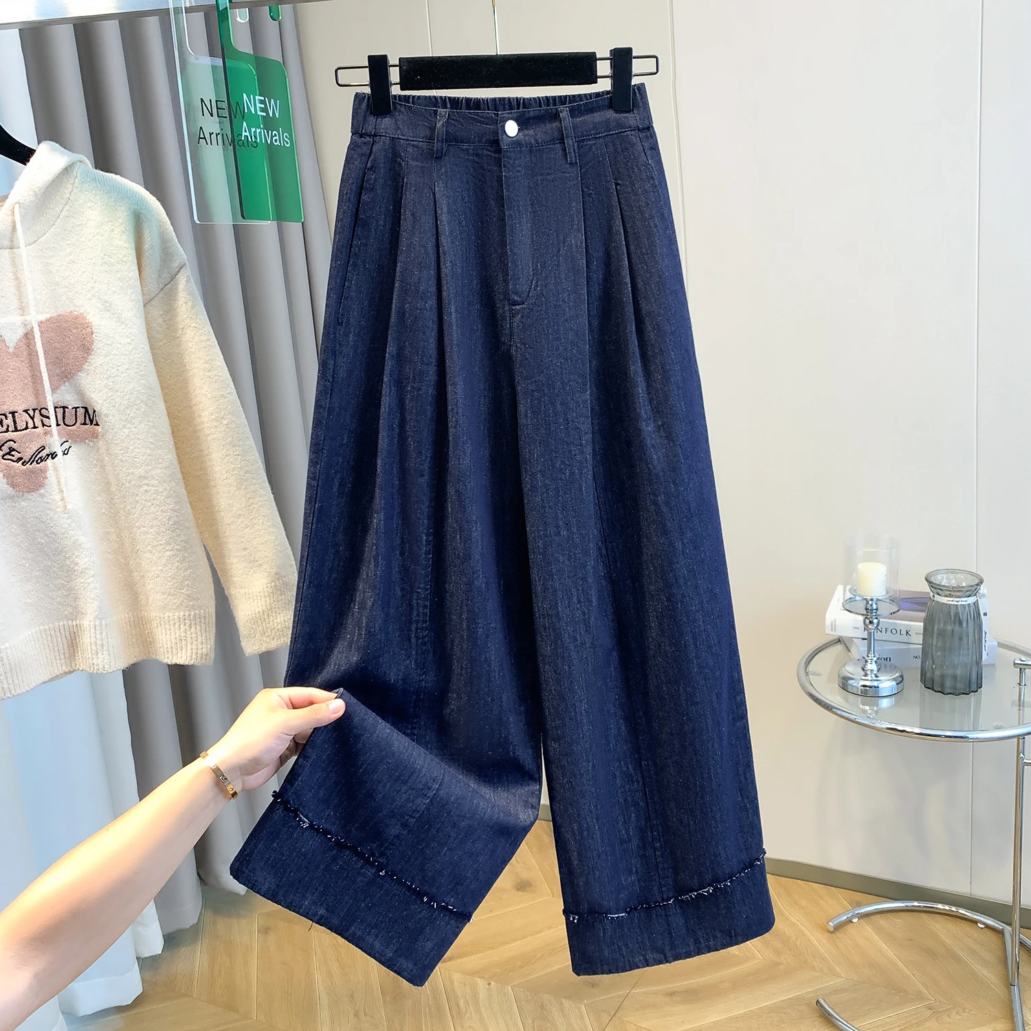 

High Waist Draped Slimming Casual Wide Leg Jeans Women's Hong Kong Sle Spring Autumn New Model Loose Fit Blue Long Pants