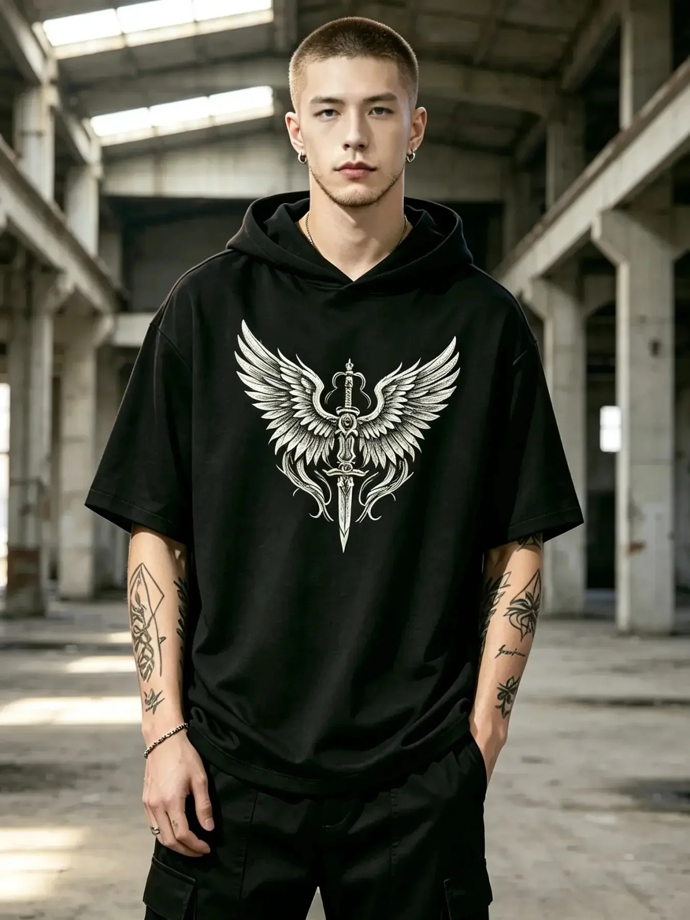 Men's Short Sleeve Hooded T-Shirt, Winged Sword Gothic Graphic Hoodie Tee, Relaxed Fit Punk Streetwear Pullover Top