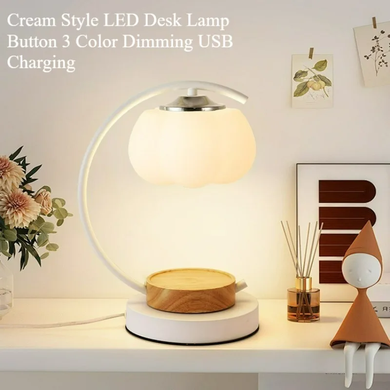 

Cream Style LED Desk Lamp Button 3 Color Dimming USB Charging Eye Protection Book Lamp Home Study Bedroom Bedside Night Light