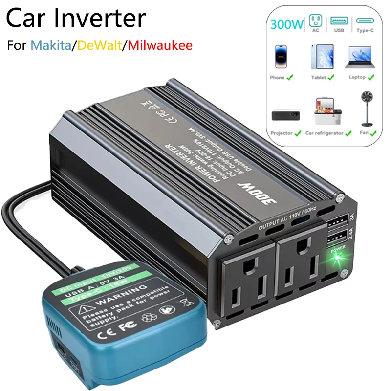 

Инвертор для литий-ионного аккумулятора Makita/DeWalt/Milwaukee 18 В с USB-портом для зарядки, розеткой переменного тока, автомобильным инвертором, портативным блоком питания