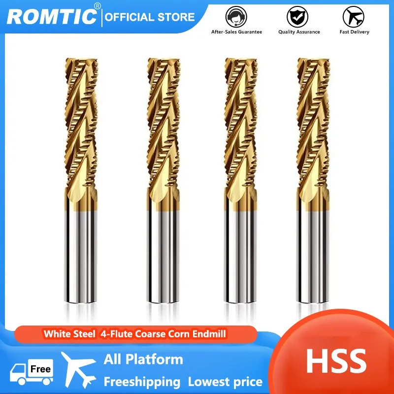 ROMTIC HSS-AL White Steel Stainless Steel Aluminum Alloy Coarse Corn Endmill Cutter CNC Mechanical Milling Cutters Tools