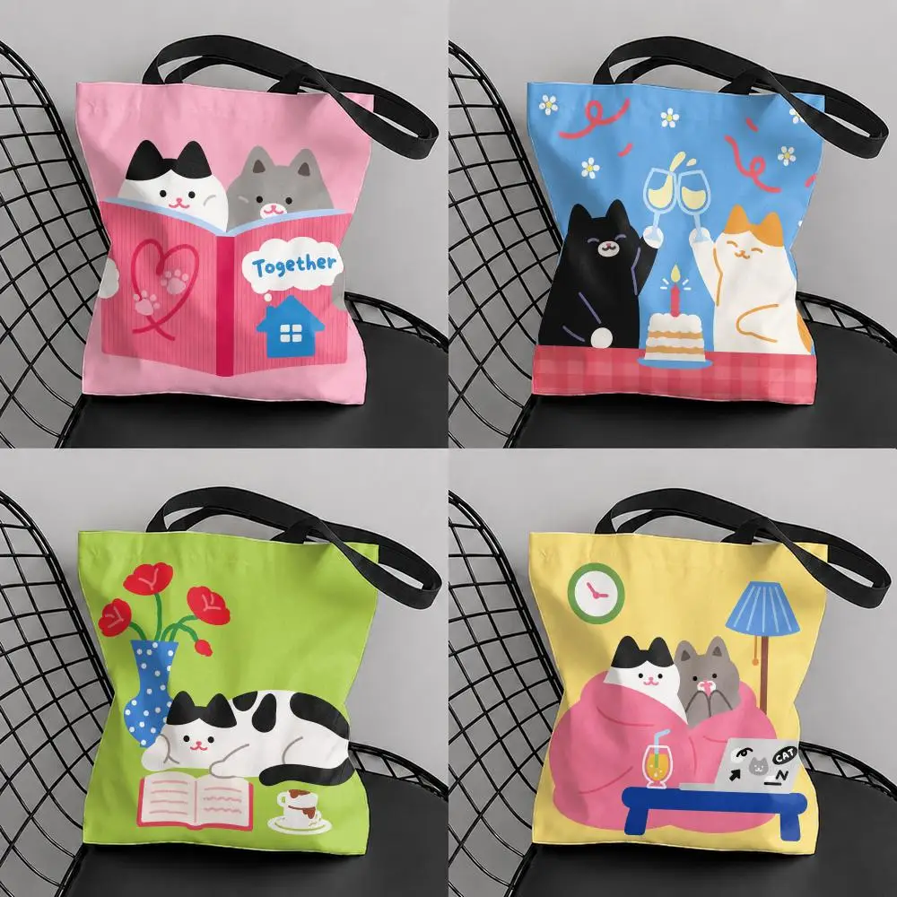 Cute Cat Together Storage Bags Canvas Tote Bag Double-Sided Print Fashion Shoulder Shopping Bag Gift Handbags